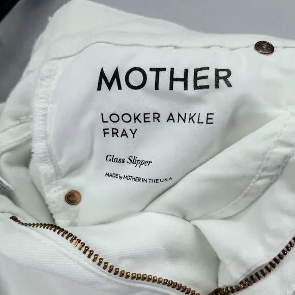 Mother Jeans Women’s 27 Mid Waisted Looker Ankle Fray Glass Slipper White